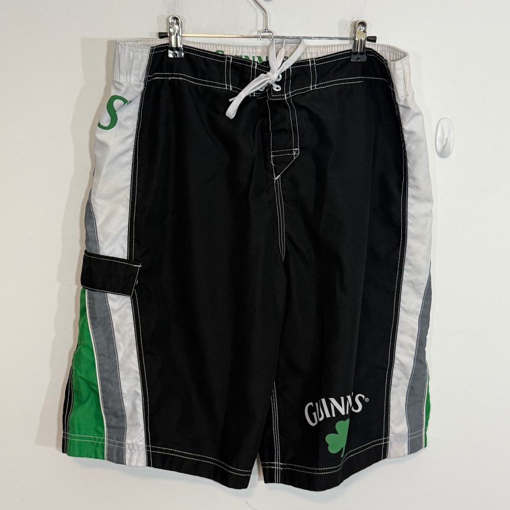 Guinness Beer Mens Board Shorts XL Black Green Shamrock Graphic Swim Trunks
